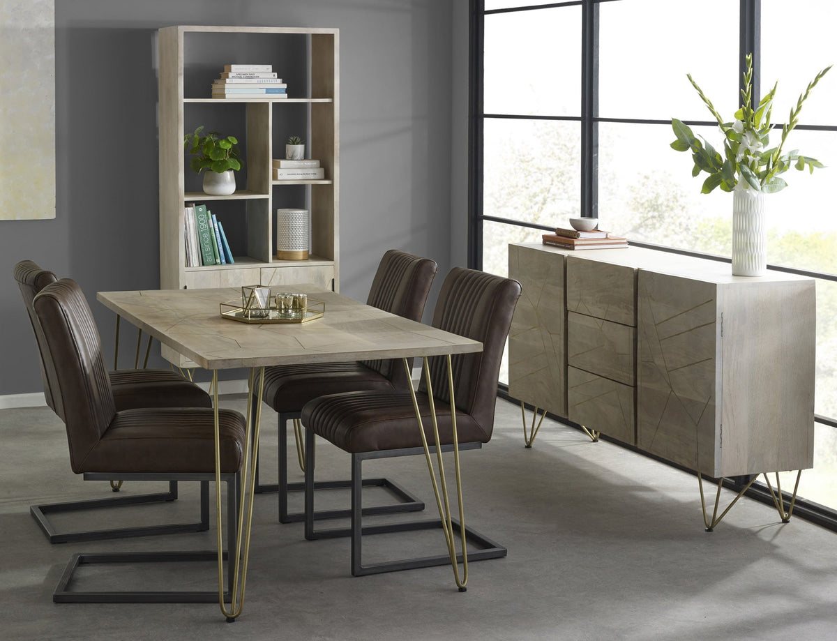 Modern light gold dining table with metal inlays and solid mango wood