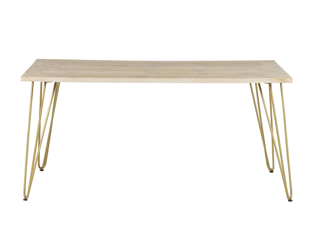 Modern light gold dining table with metal inlays and solid mango wood