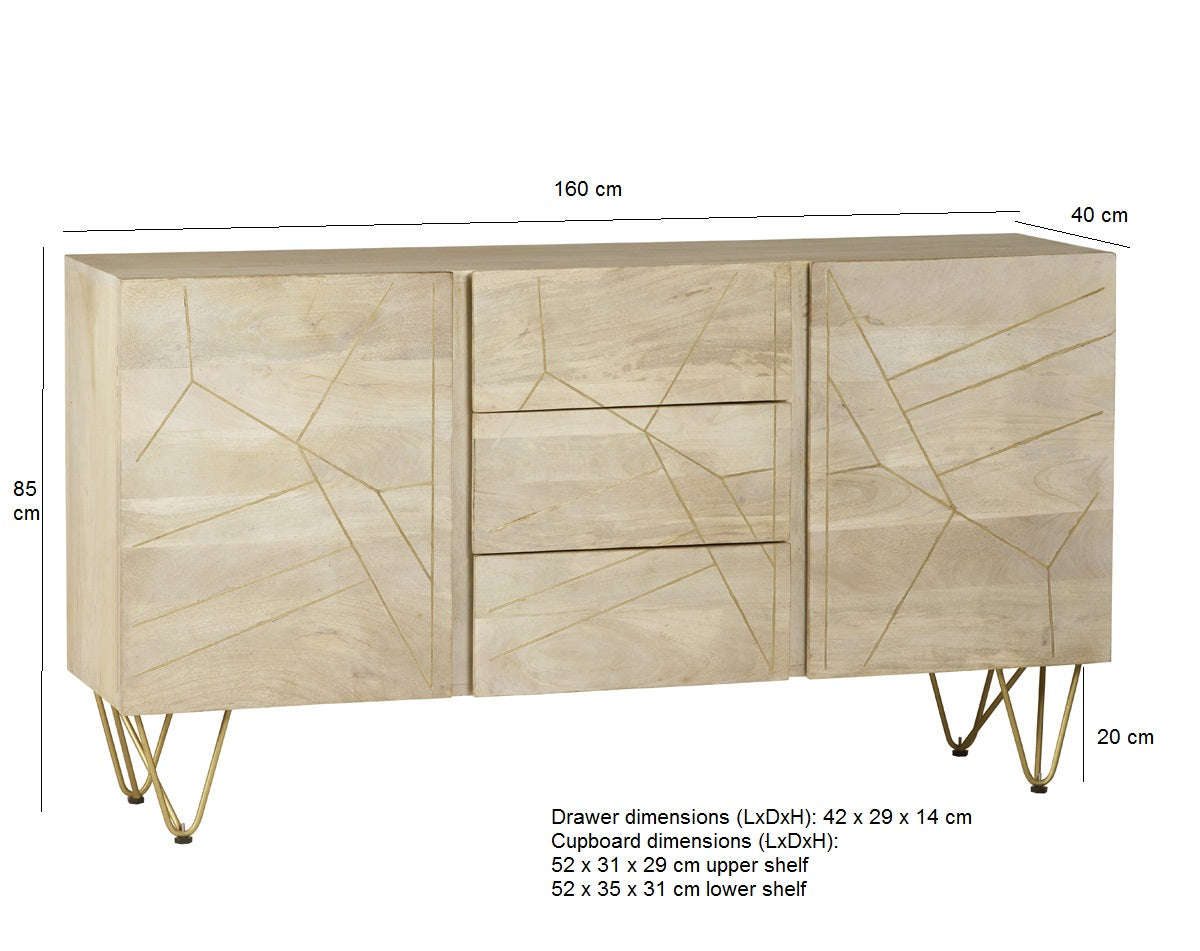 Light Gold Extra Large Sideboard with 3 drawers and 2 doors in a modern design