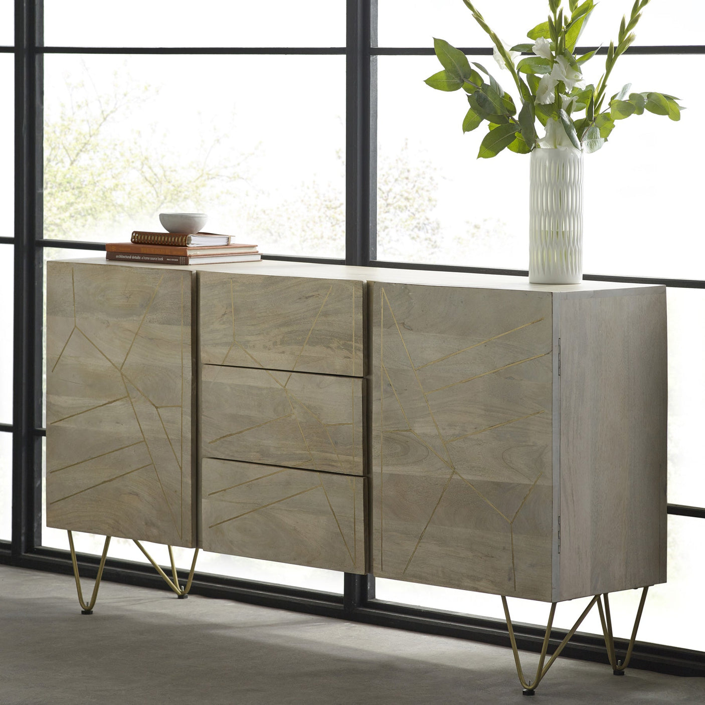 Light Gold Extra Large Sideboard with 3 drawers and 2 doors in a modern design