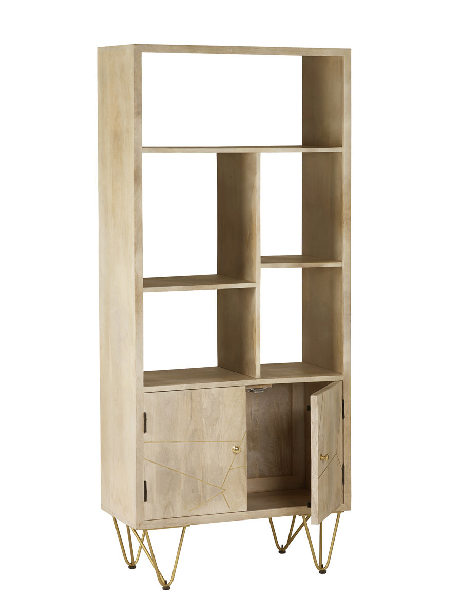 Light Gold Large Bookcase made of solid mango wood with metal inlays
