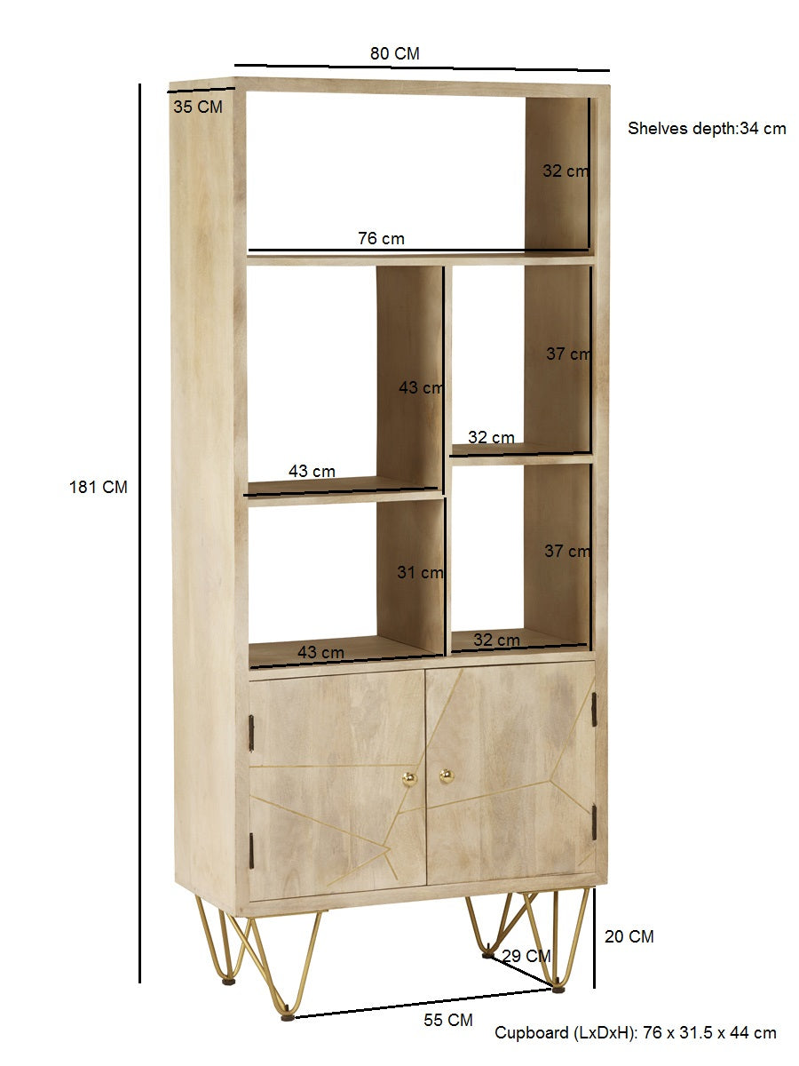 Light Gold Large Bookcase made of solid mango wood with metal inlays