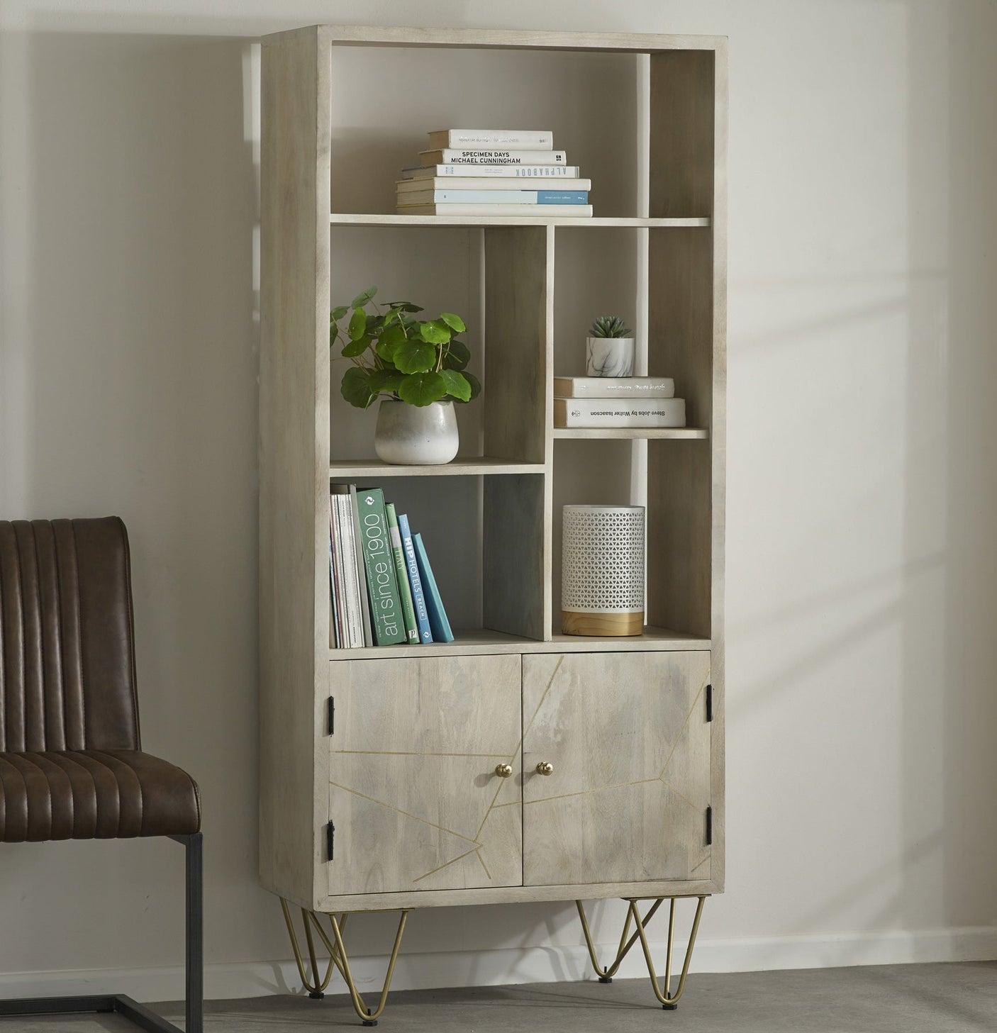Light Gold Large Bookcase made of solid mango wood with metal inlays