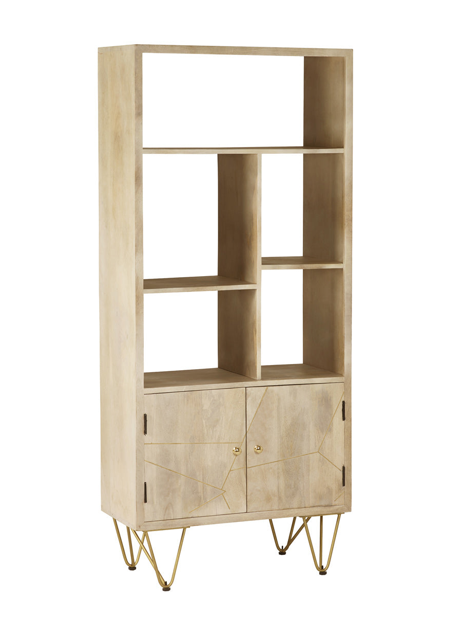 Light Gold Large Bookcase made of solid mango wood with metal inlays