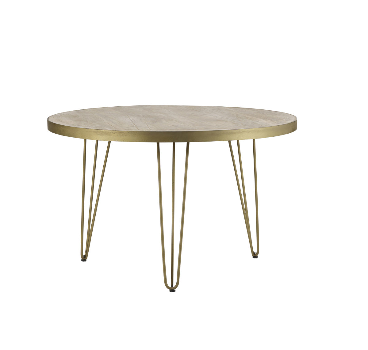 Light gold round dining table with metal inlays and angled legs