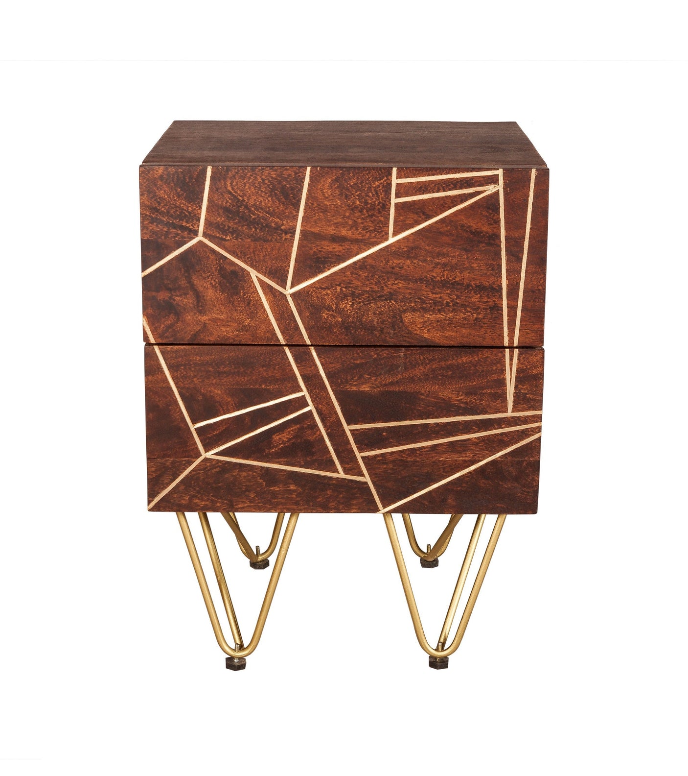 Modern Dark Gold 2 Drawer Side Table with metal inlays on solid wood