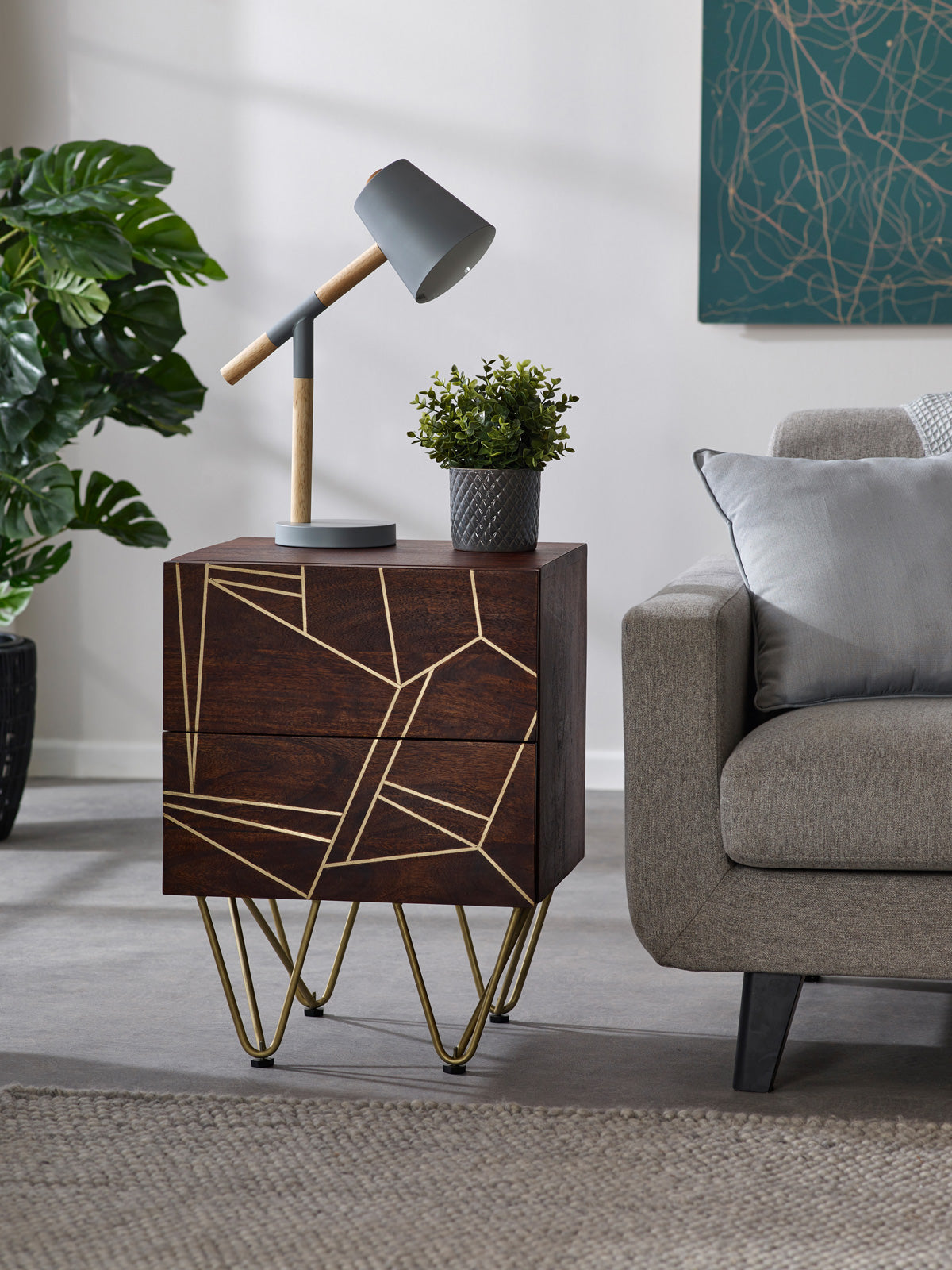 Modern Dark Gold 2 Drawer Side Table with metal inlays on solid wood