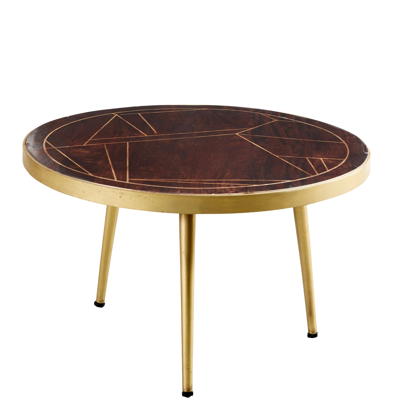 Dark gold round coffee table with metal inlay on solid mango wood