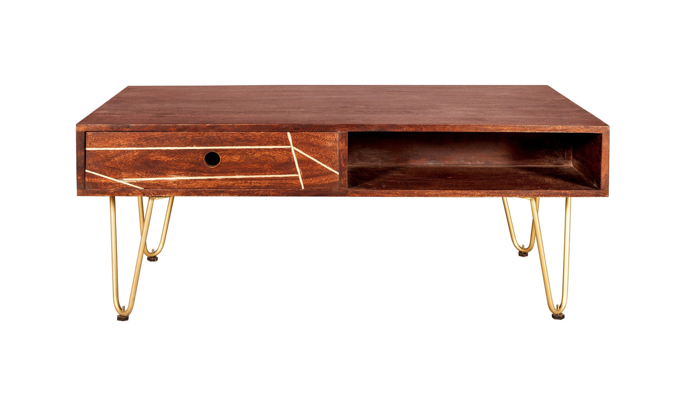 Modern dark gold rectangular coffee table with drawer, solid mango wood and metal inlays