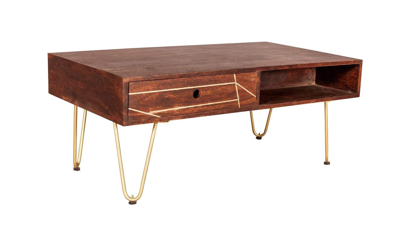 Modern dark gold rectangular coffee table with drawer, solid mango wood and metal inlays