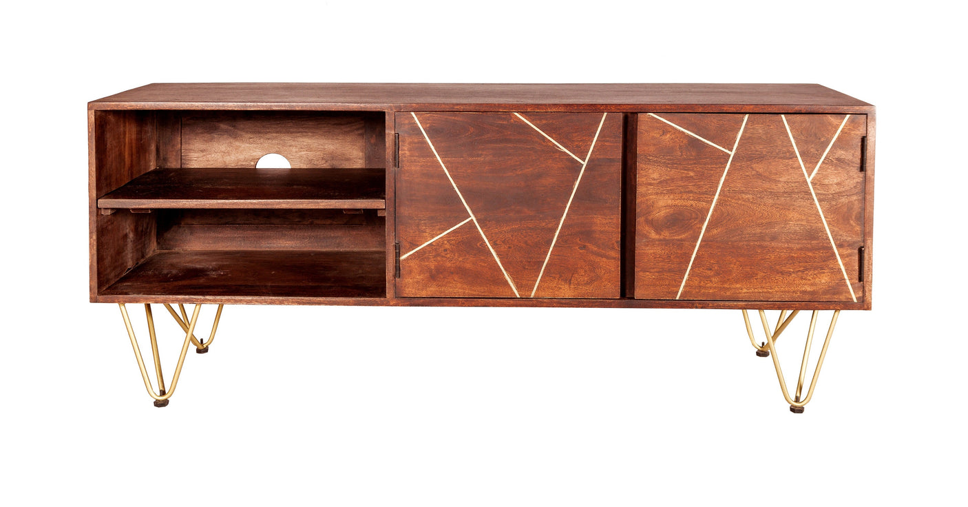 Dark gold plasma media unit made of solid mango wood with metal inlays