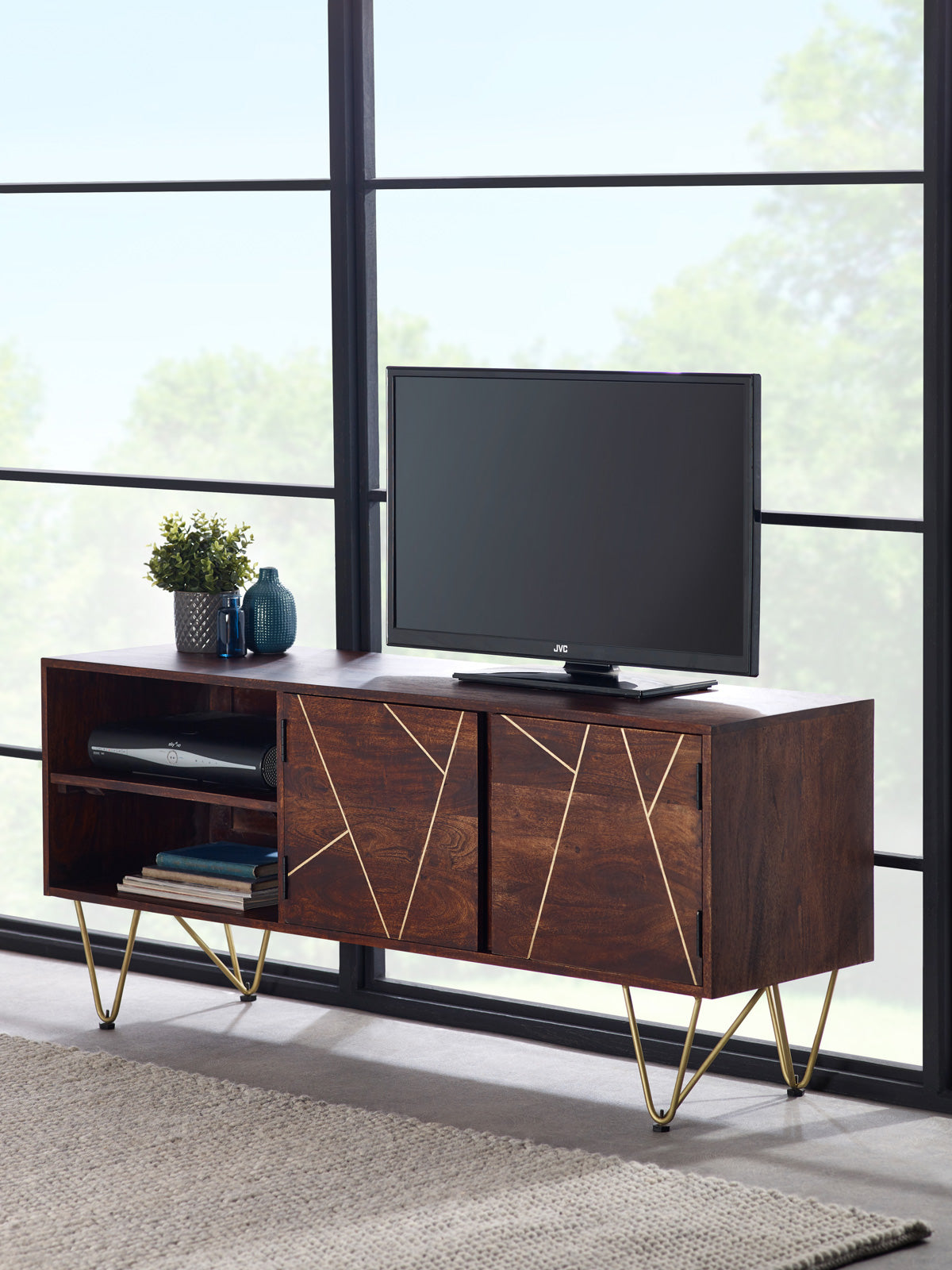 Dark gold plasma media unit made of solid mango wood with metal inlays