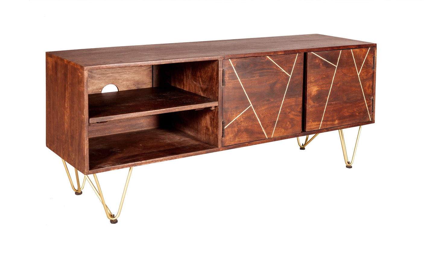 Dark gold plasma media unit made of solid mango wood with metal inlays