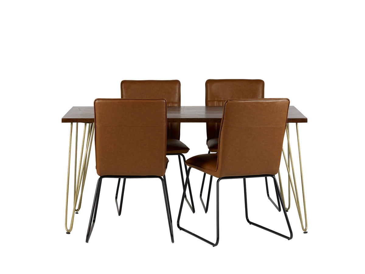 Dark gold dining table made of solid mango wood with metal inlays