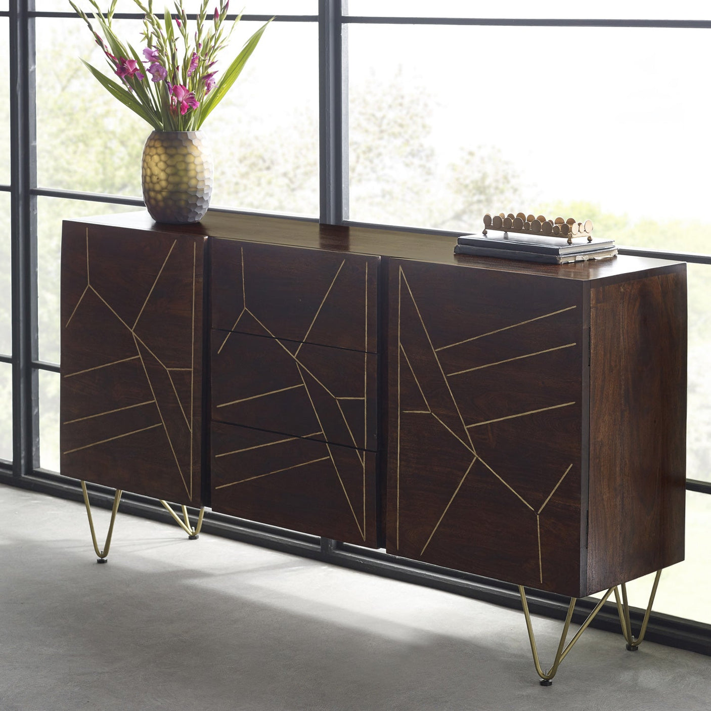 Dark Gold extra large sideboard with metal inlays and angled legs
