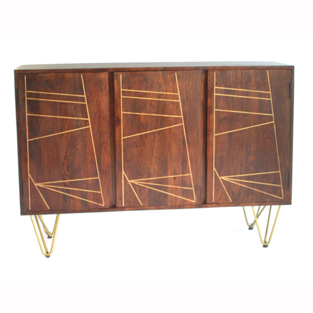 Dark gold large sideboard made of solid mango wood with metal inlays