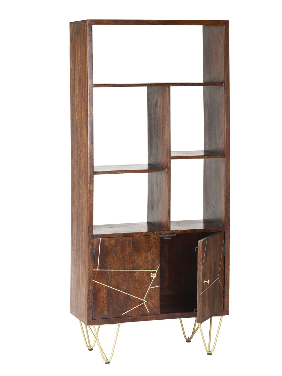 Dark gold large bookcase with metal inlays and angled legs in a contemporary living room
