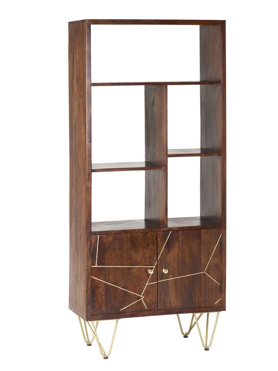 Dark gold large bookcase with metal inlays and angled legs in a contemporary living room