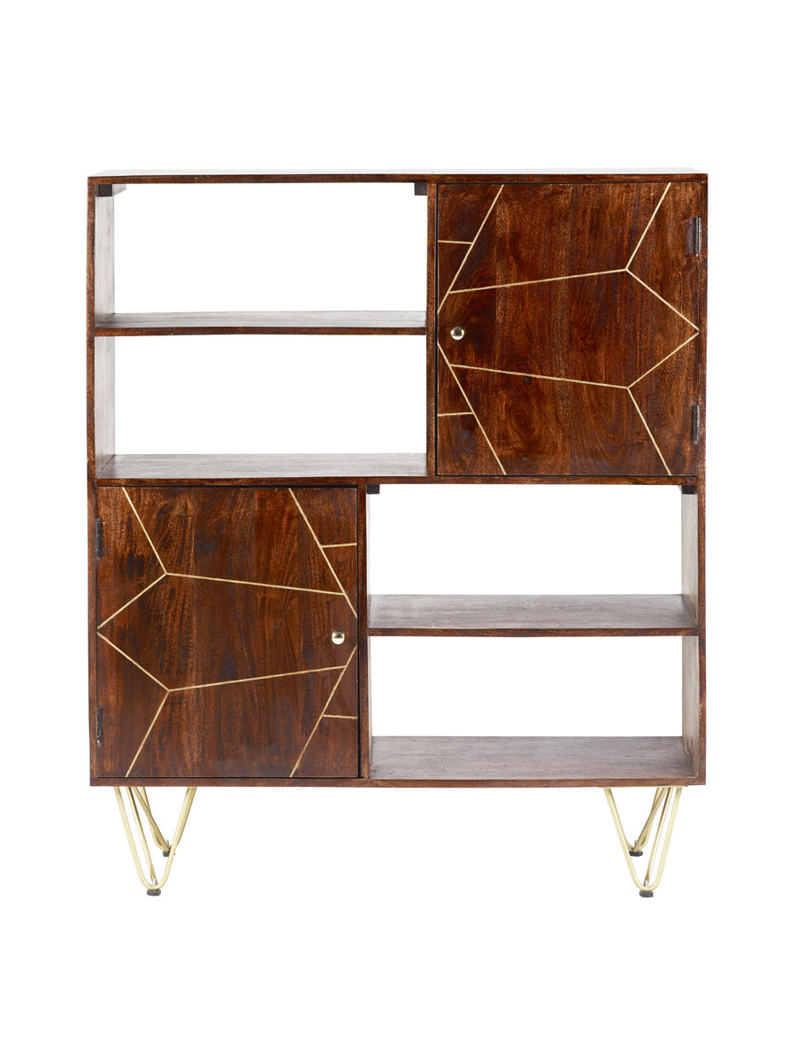 Modern dark gold display cabinet made of solid mango wood with metal inlays