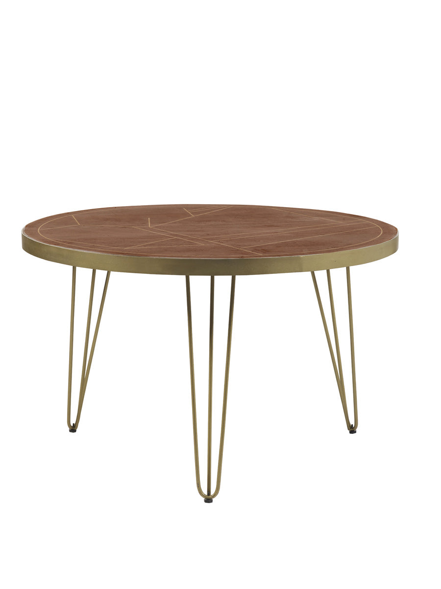 Dark gold round dining table made of solid mango wood with metal inlays