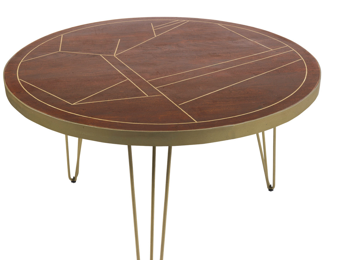 Dark gold round dining table made of solid mango wood with metal inlays