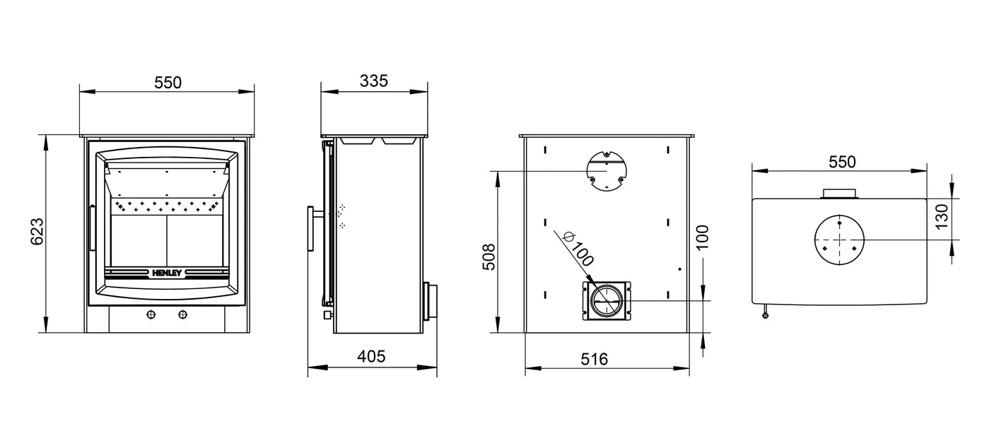 Wood burning stove technical drawing with front, side, back, and top measurements
