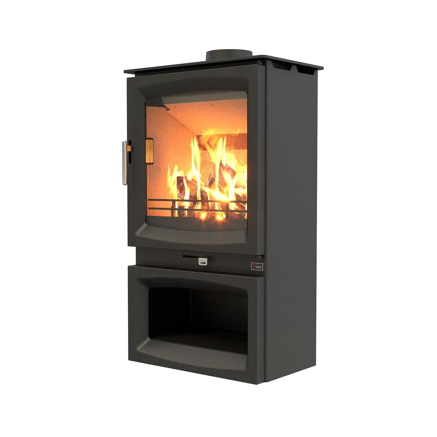 Black wood burning stove with log storage and glass front showing active fire