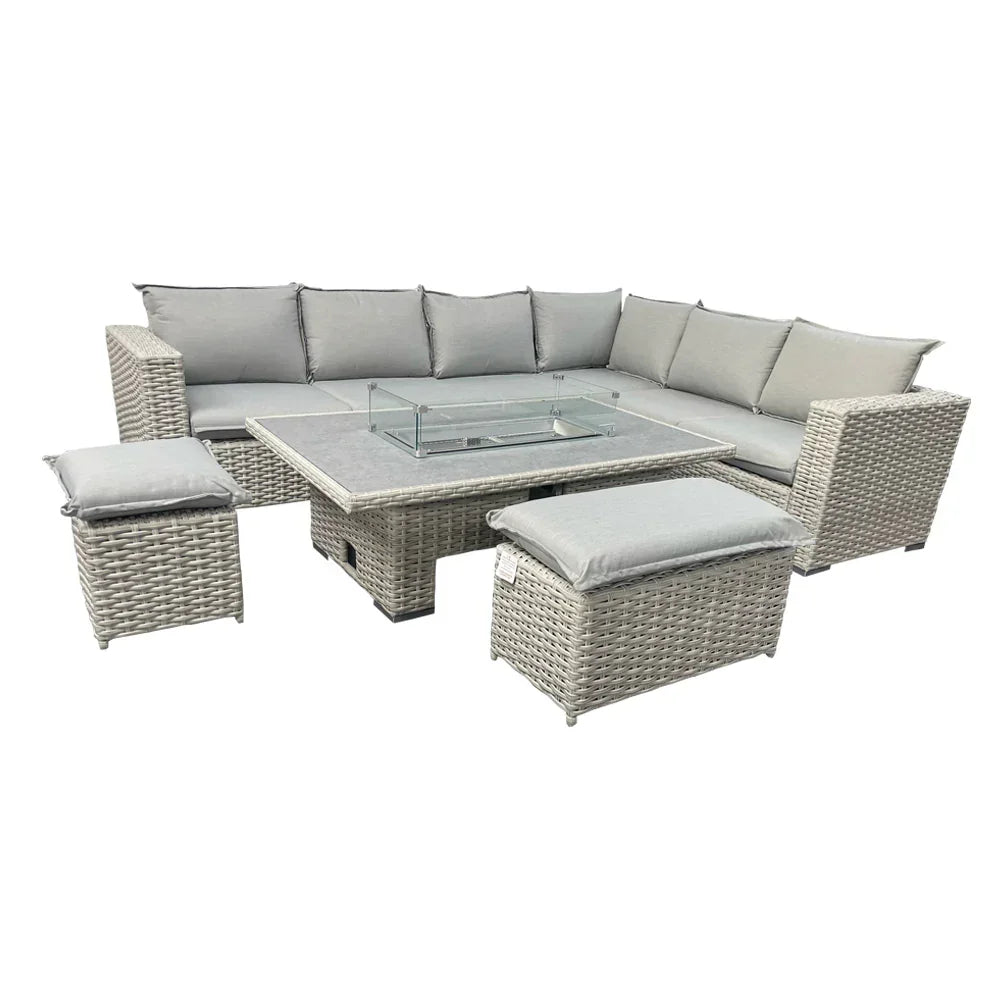 Grey rattan corner sofa set with glass-topped firepit table and matching cushioned stools