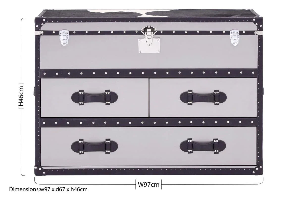 Black and grey storage trunk with handles, two drawers, and metal rivet detailing, 97cm wide