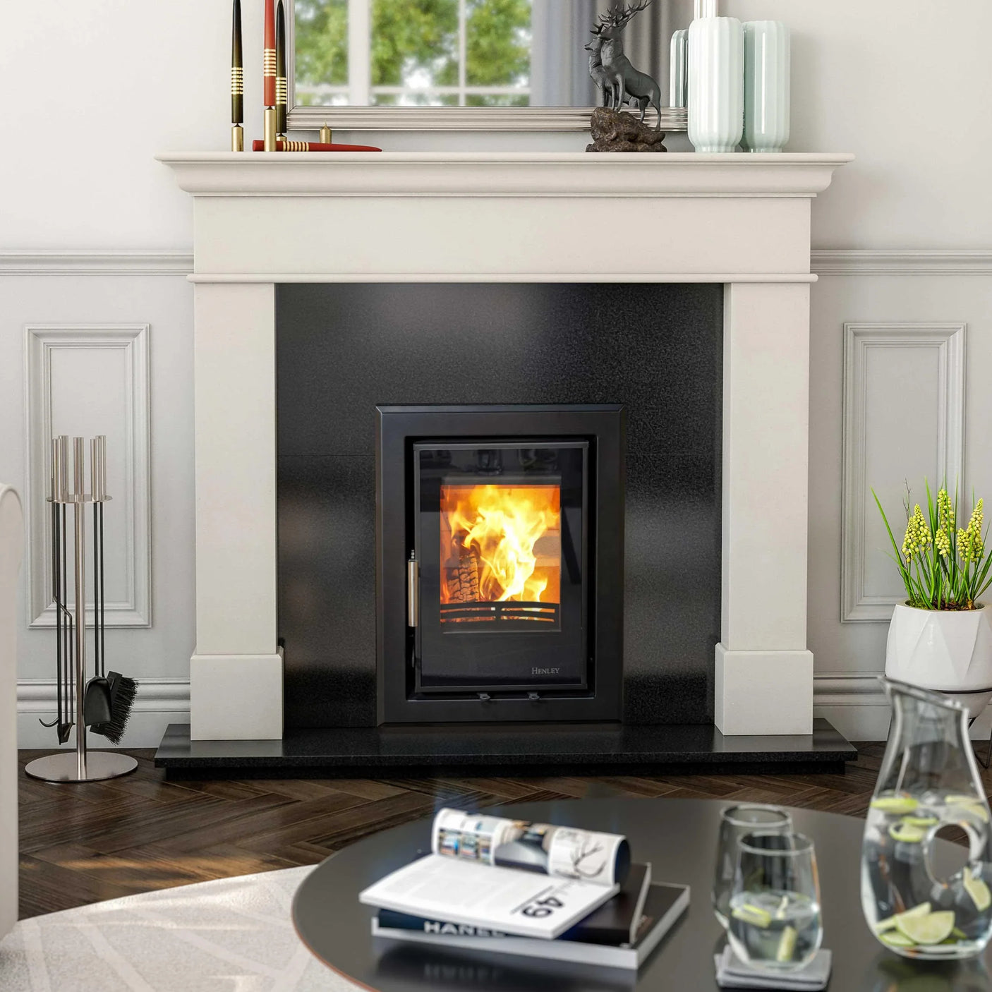 Modern wood burning stove with black glass front set in a white fireplace surround