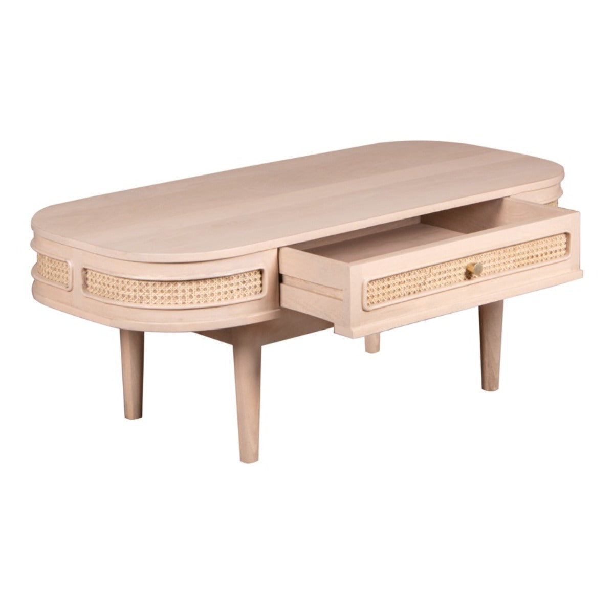 Valencia coffee table made from mango wood with a cane drawer