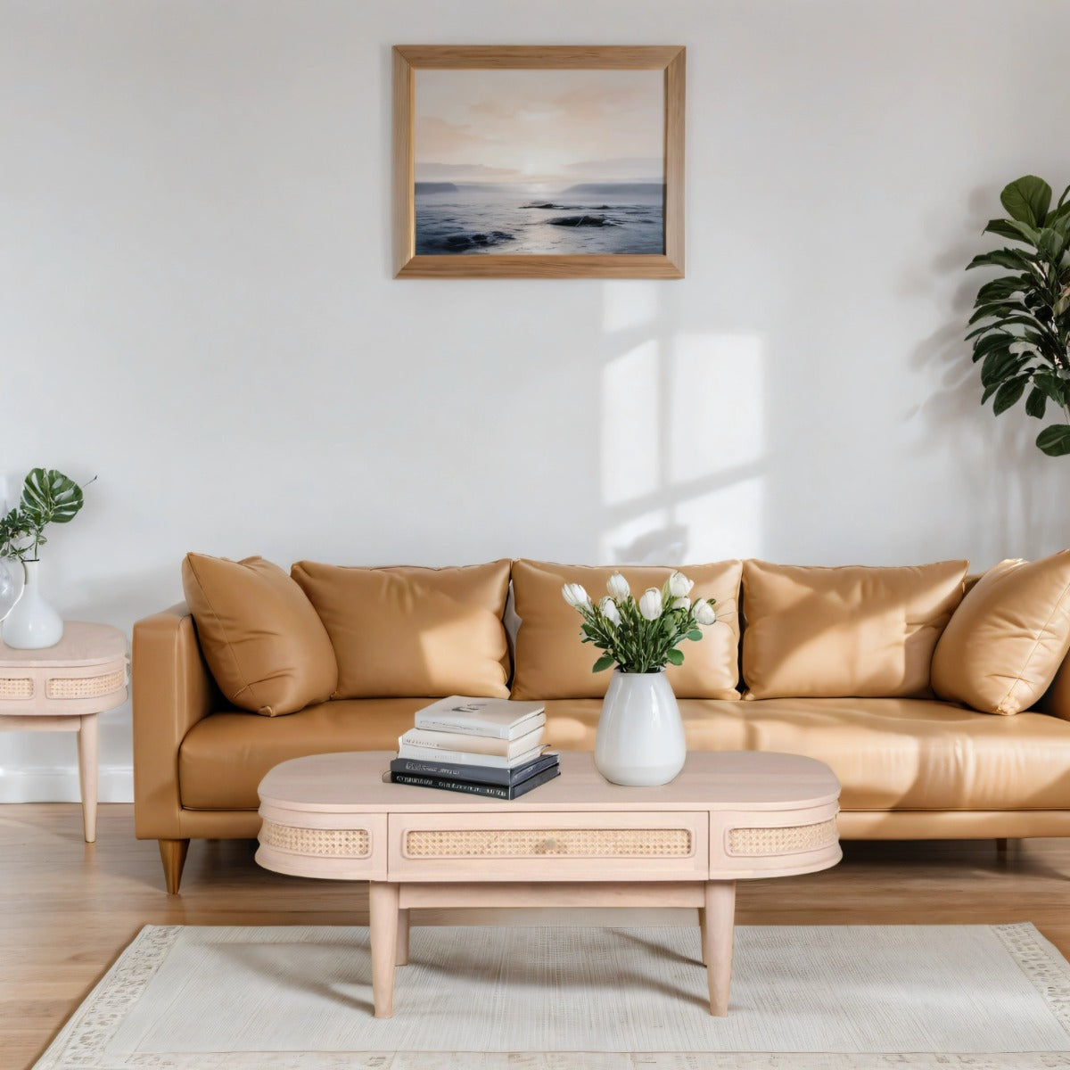 Valencia coffee table made from mango wood with a cane drawer