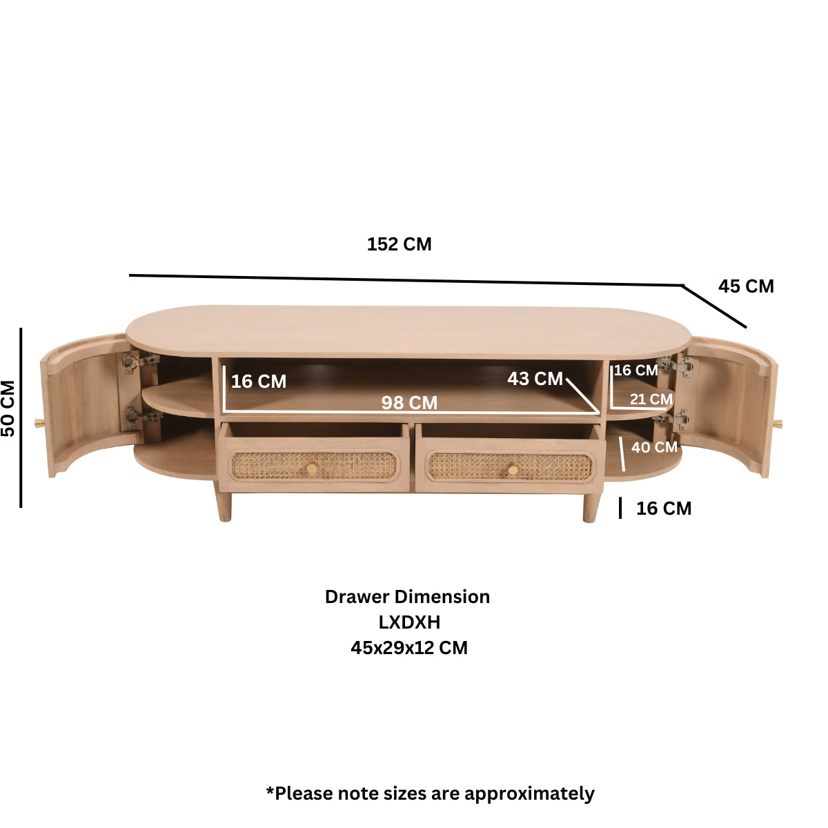 Valencia TV cabinet made from mango wood with cane detailing