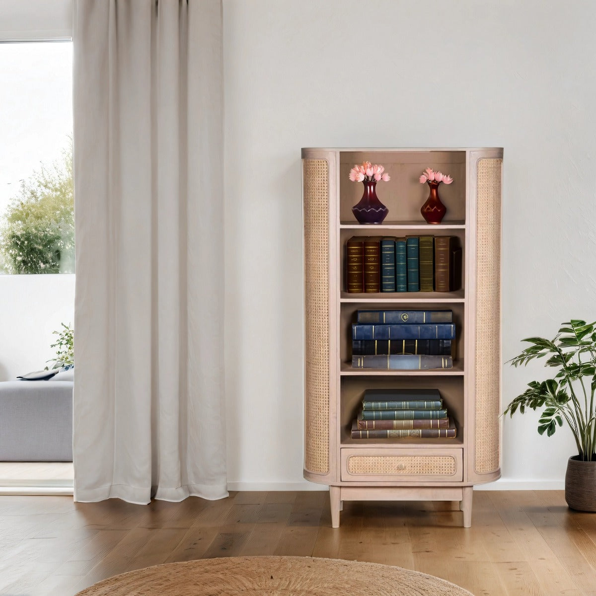 Valencia bookcase made from mango wood and woven cane, showcasing stylish design