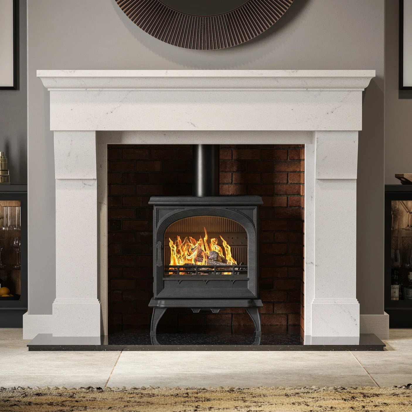 White marble fireplace with black wood burning stove and exposed brick interior