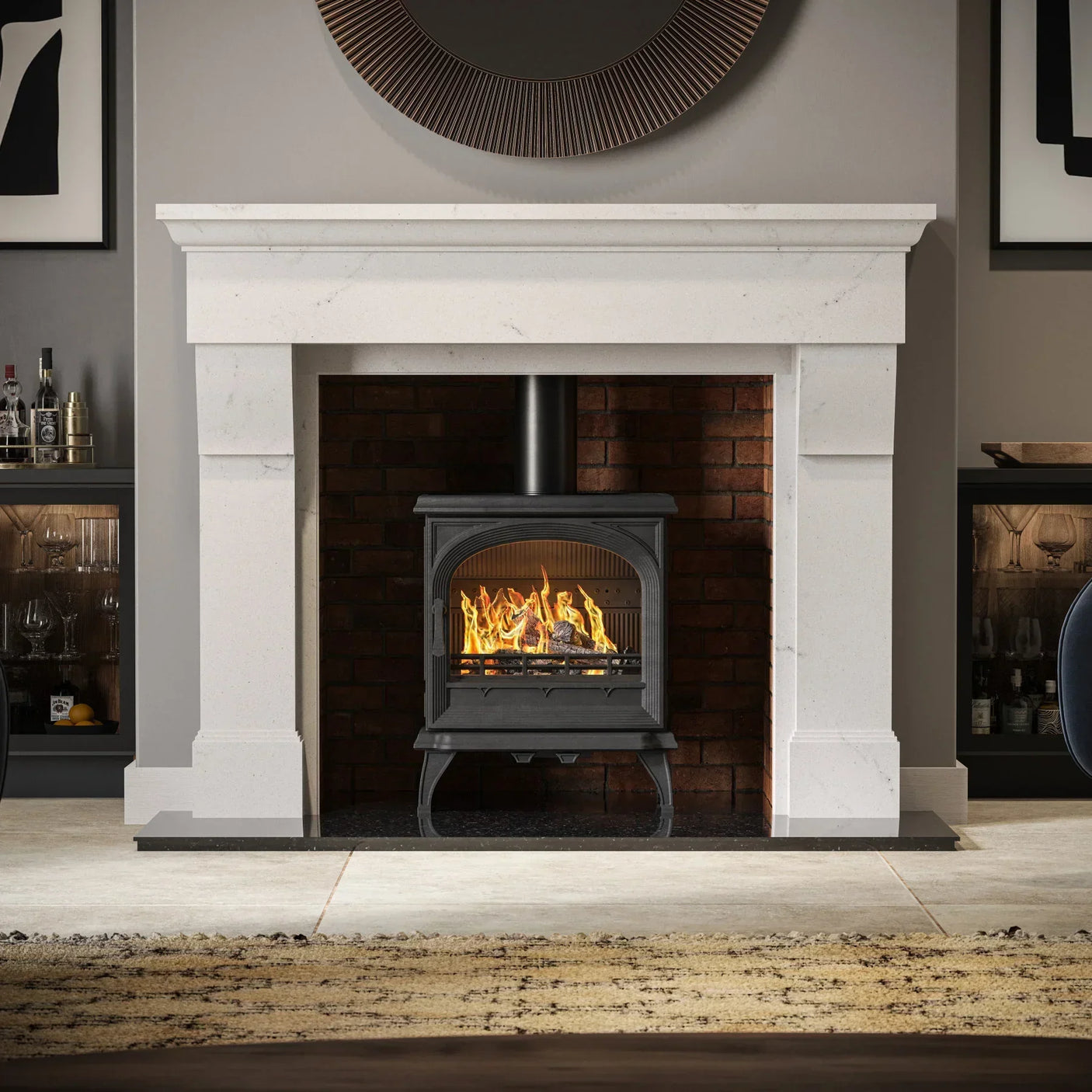 Modern white marble fireplace with wood-burning stove and brick interior in living room