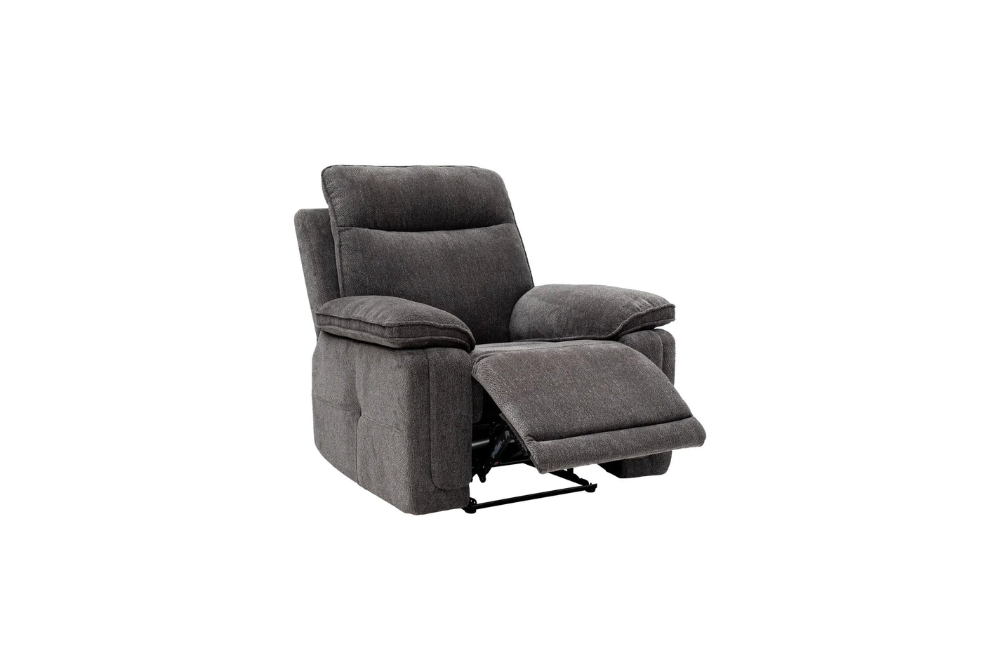 A dark gray upholstered recliner chair with the footrest extended, shown against a plain white background.
