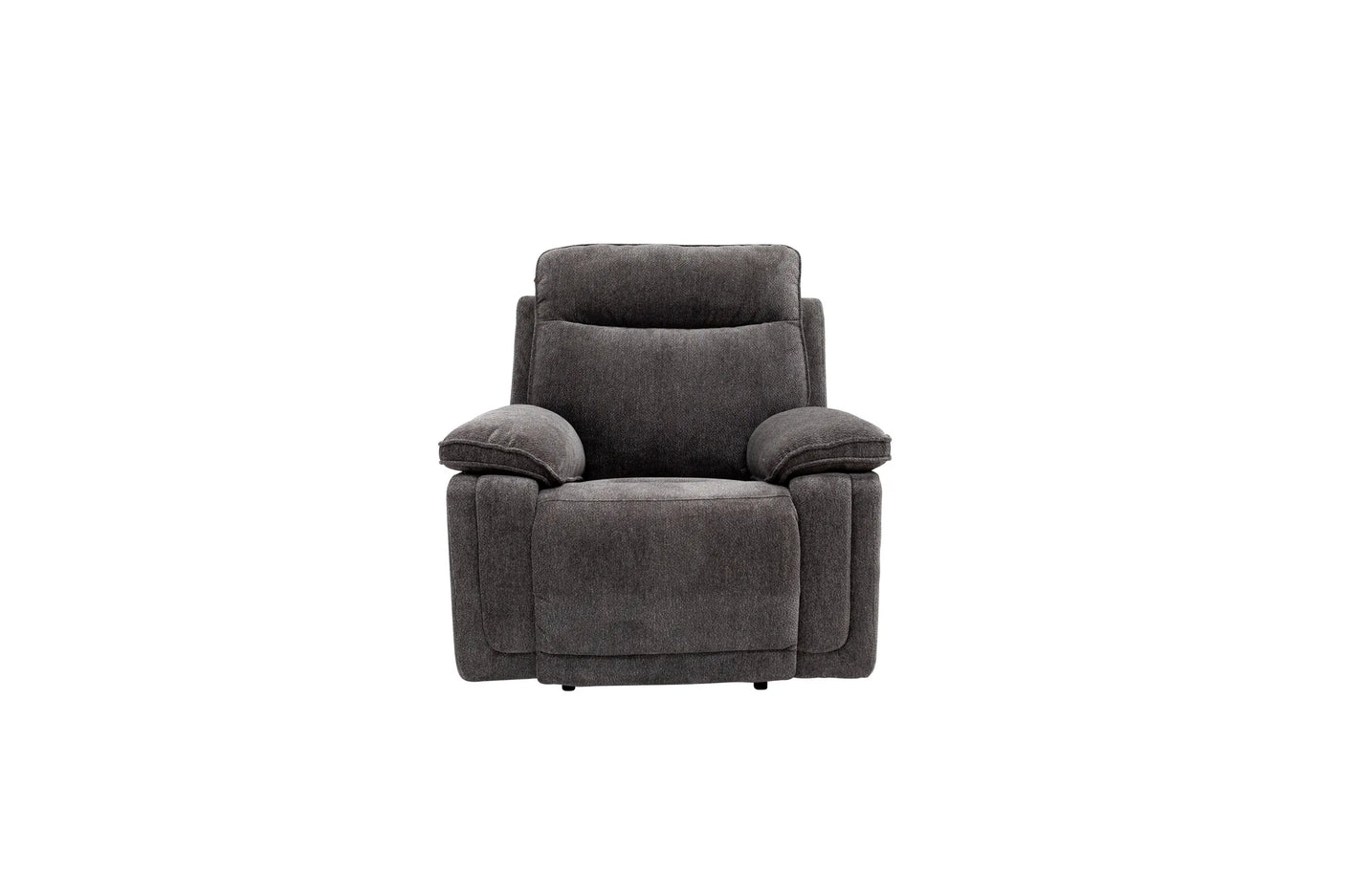 A dark gray upholstered recliner chair with a high back and wide armrests, shown against a plain white background.