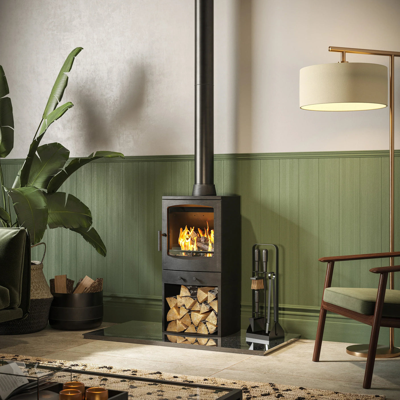 Black wood burning stove with fire, log store, and accessories in modern living room