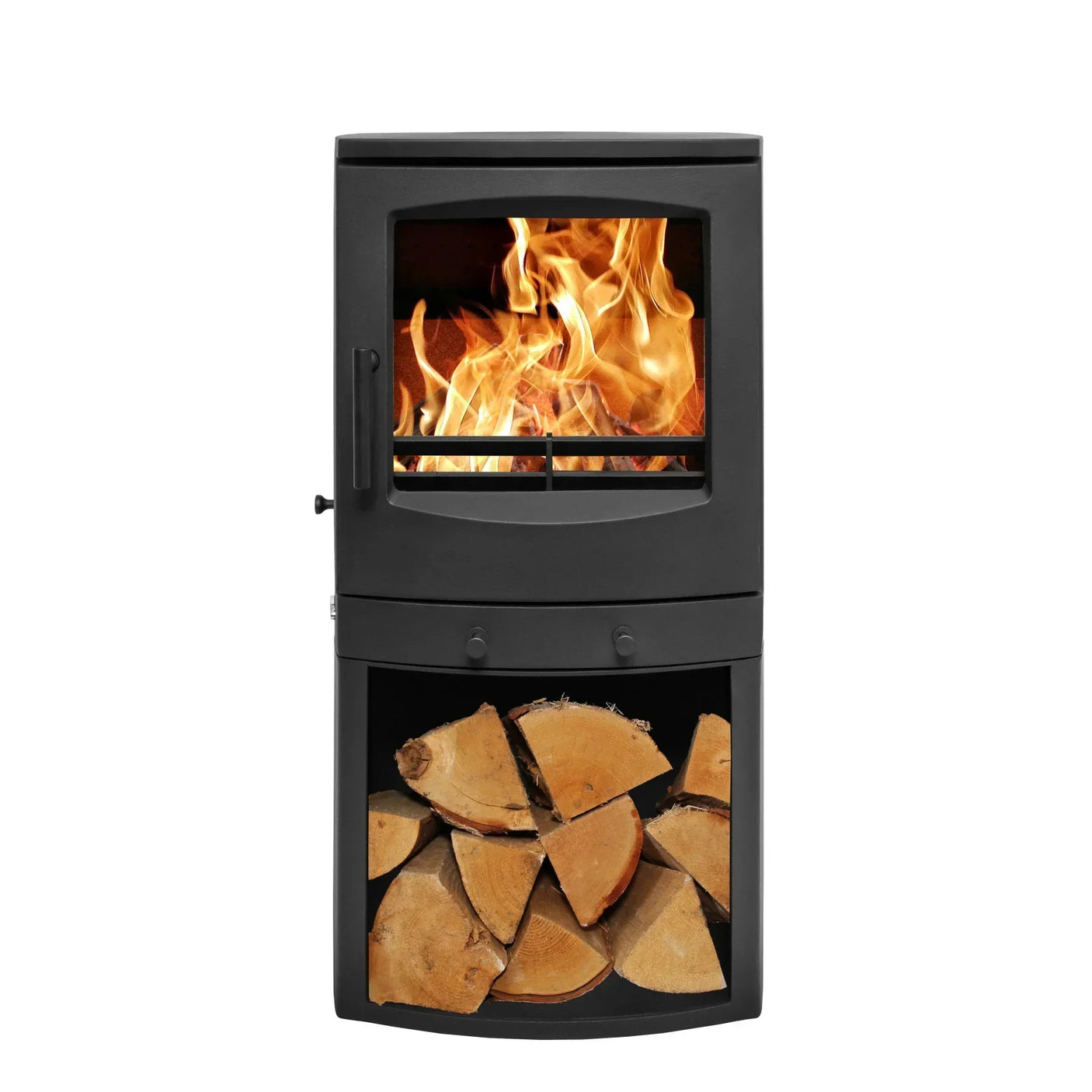 Black wood burning stove with log storage and visible fire, modern freestanding design