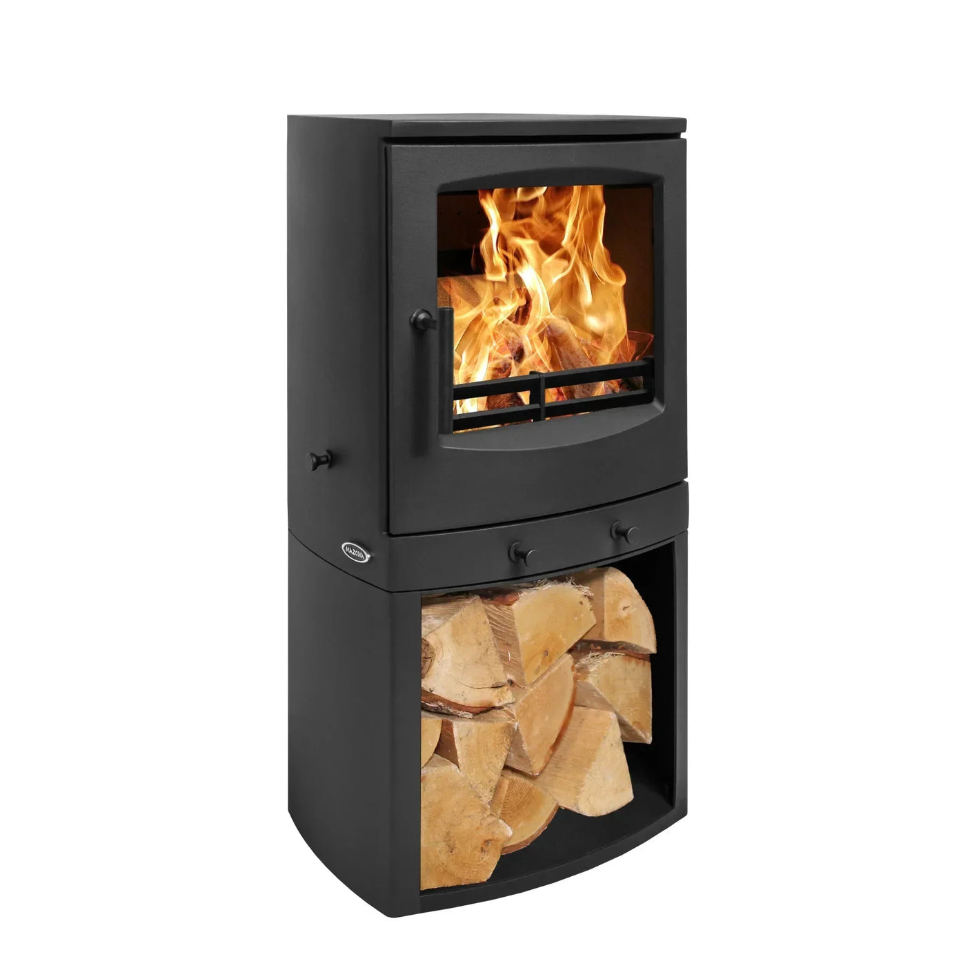 Black wood burning stove with visible flames and log storage compartment below