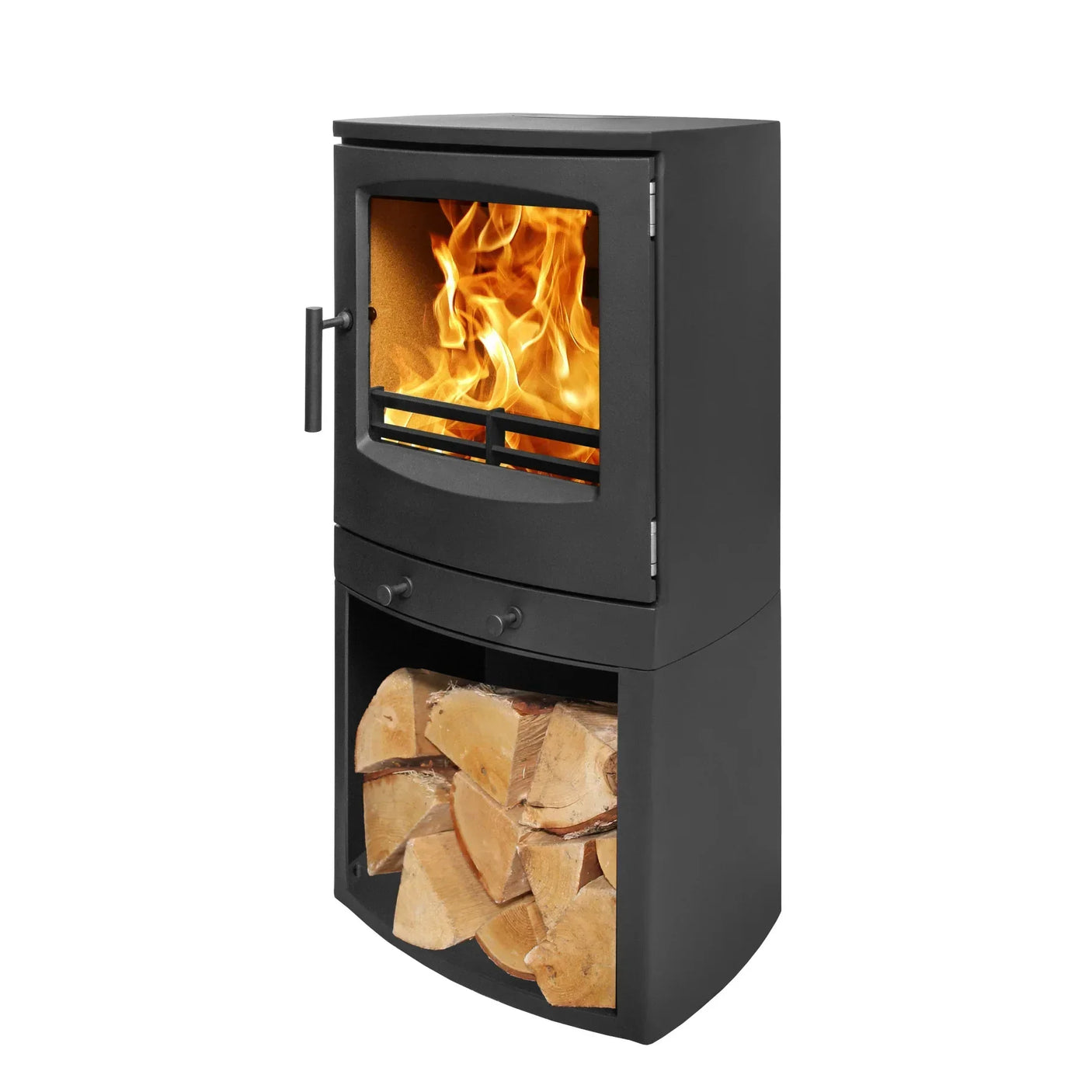 Black wood burning stove with fire visible and log storage compartment beneath