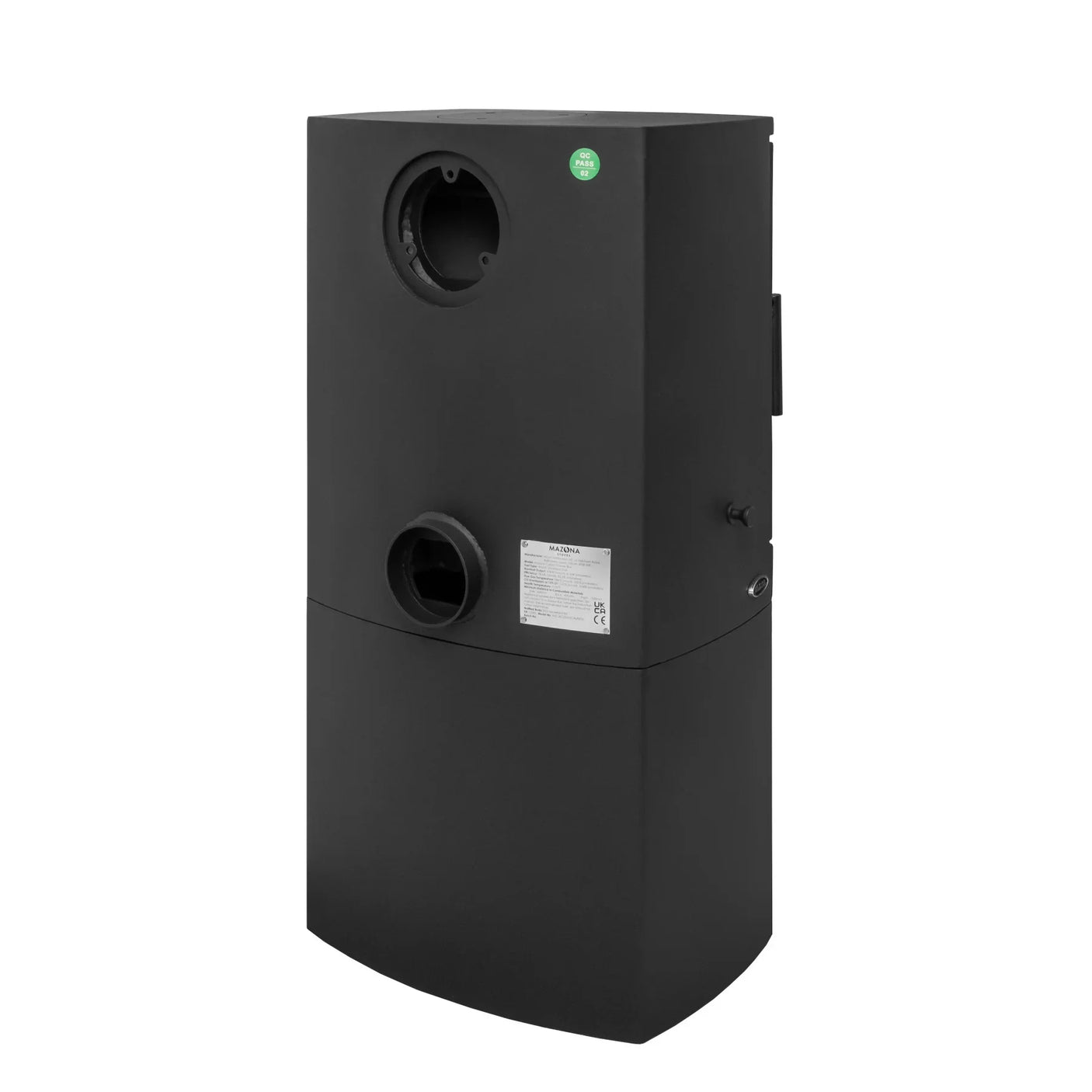 Black freestanding wood burning stove with dual flue outlets and metal exterior, angled view