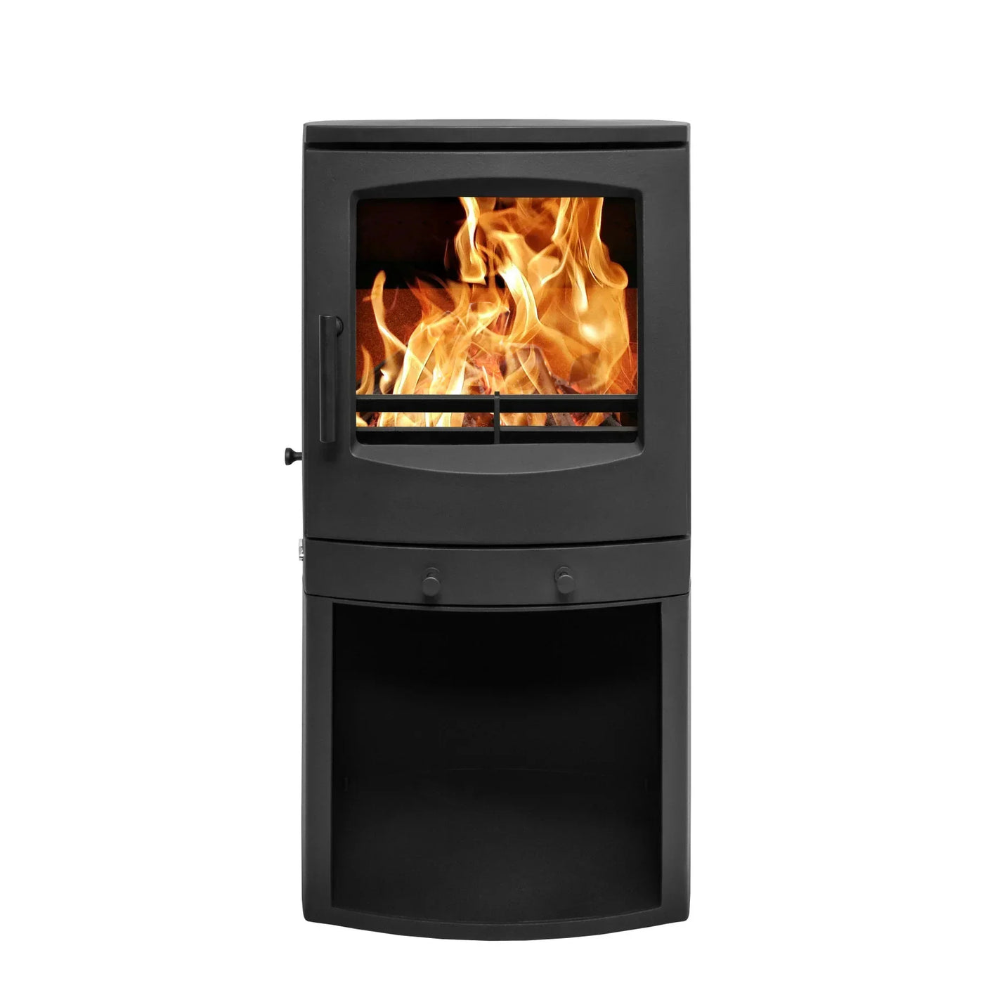 Black freestanding wood burning stove with fire visible in glass front, lower storage compartment