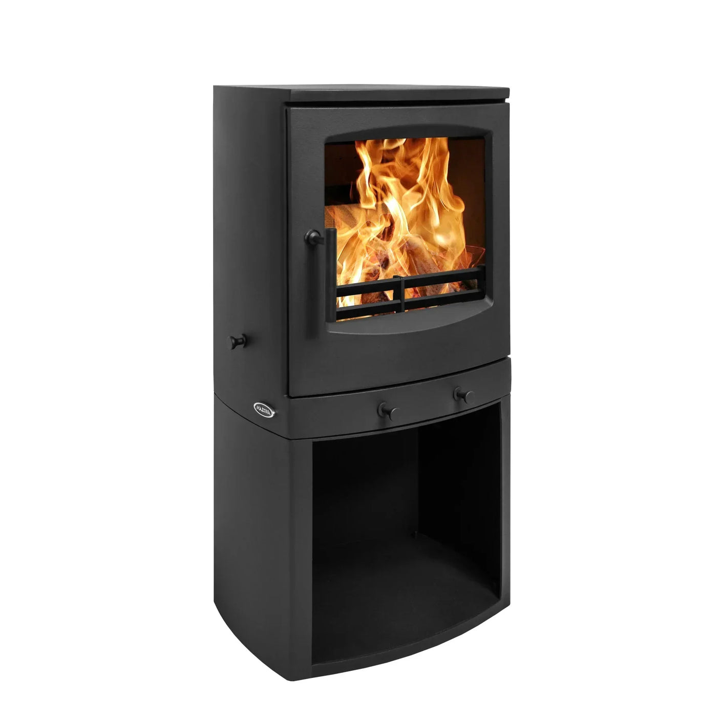 Black wood burning stove with glass door, visible flames, and lower storage shelf