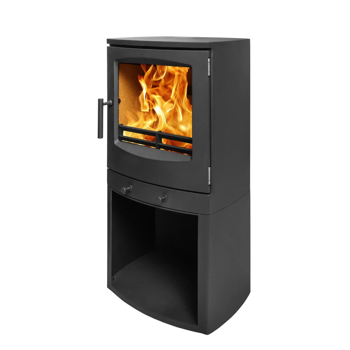 Black freestanding wood burning stove with fire visible, glass door and storage shelf