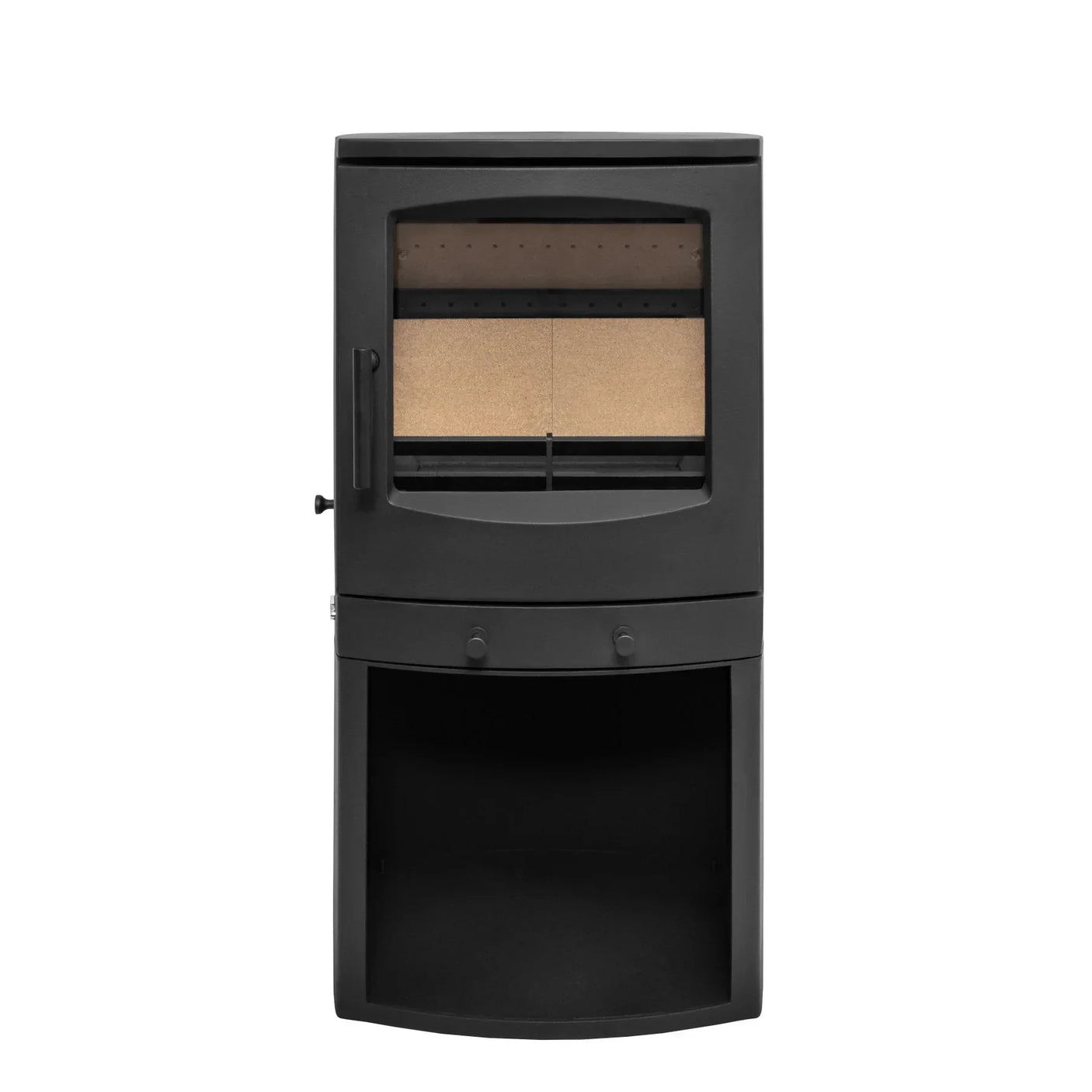 Black freestanding wood burning stove with glass door and log storage compartment