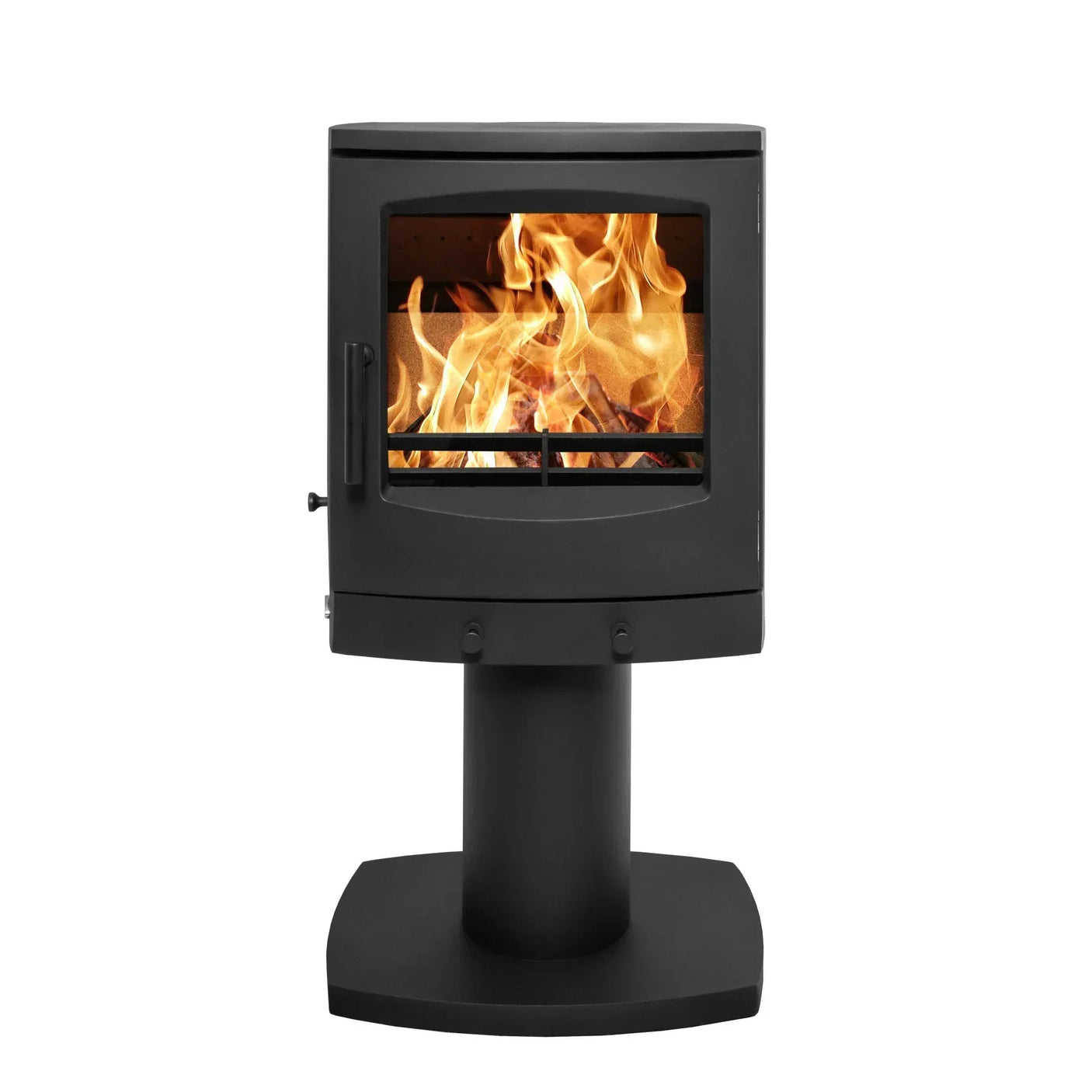 Black freestanding wood burning stove with pedestal base and glass front showing fire