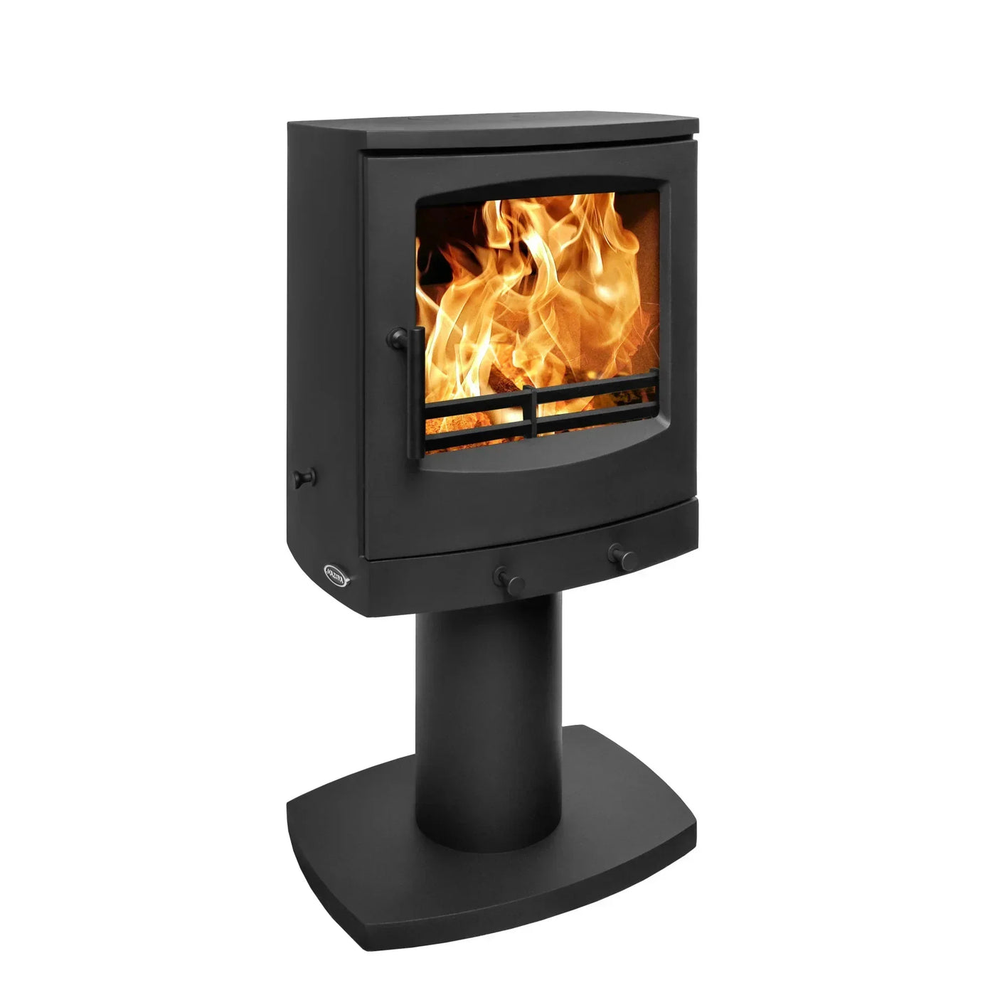 Black freestanding wood burning stove with glass door and flames visible inside