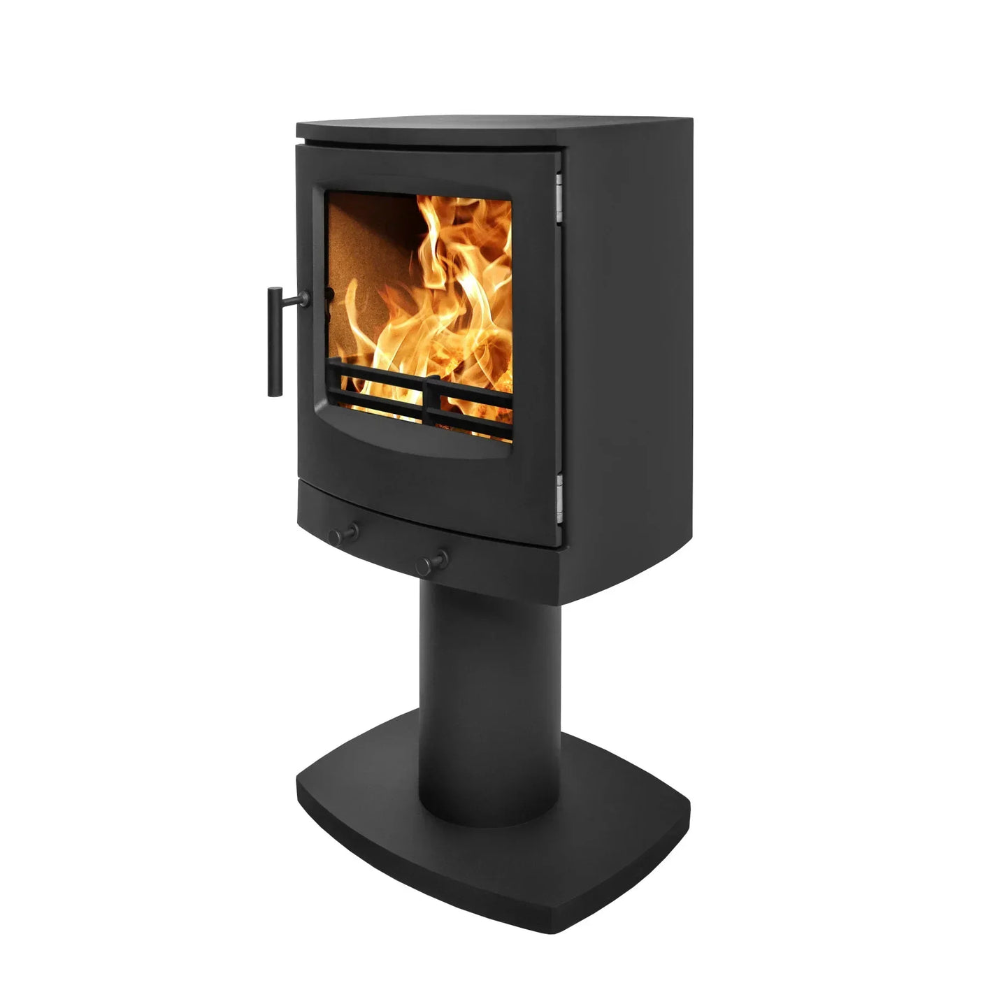Black freestanding wood burning stove with glass front and visible flames